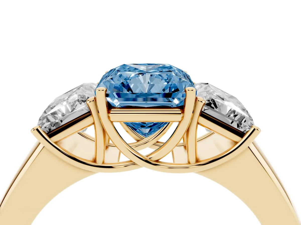 Fancy Blue Three-Stone Radiant Cut Cut Diamond Ring with Prong Setting and Classic Band Yellow gold