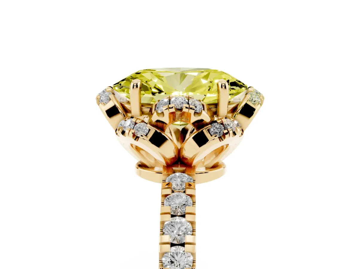Fancy Yellow Oval Cut Halo Diamond Pave Band Ring with Four-Prong Setting Yellow gold