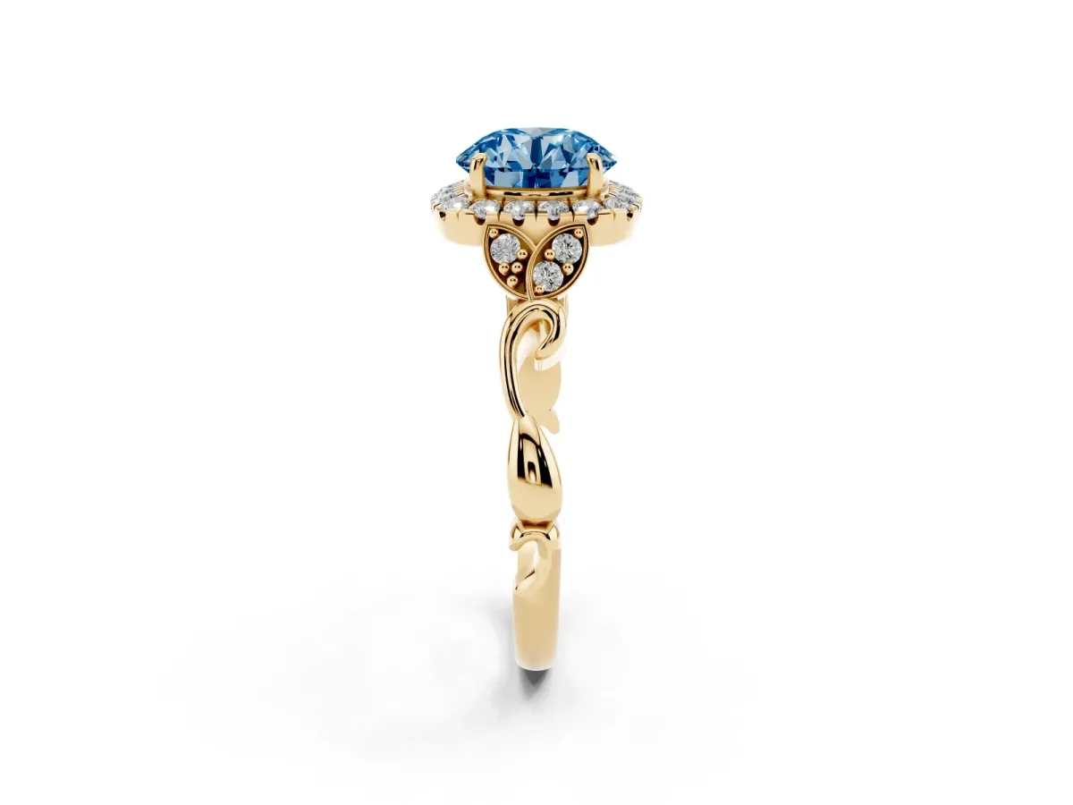 Fancy Blue Round Cut Halo Diamond Engagement Ring with Vintage-Inspired Band and Four-Prong Setting Yellow gold