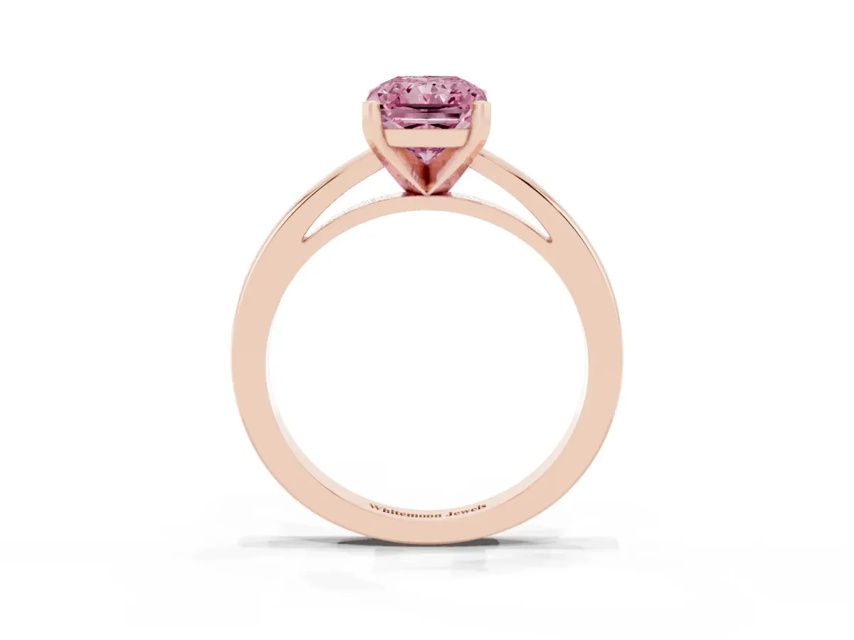 Fancy Pink Radiant Cut Solitaire Diamond Engagement Ring with Four-Prong Setting on a Classic Band Rose gold