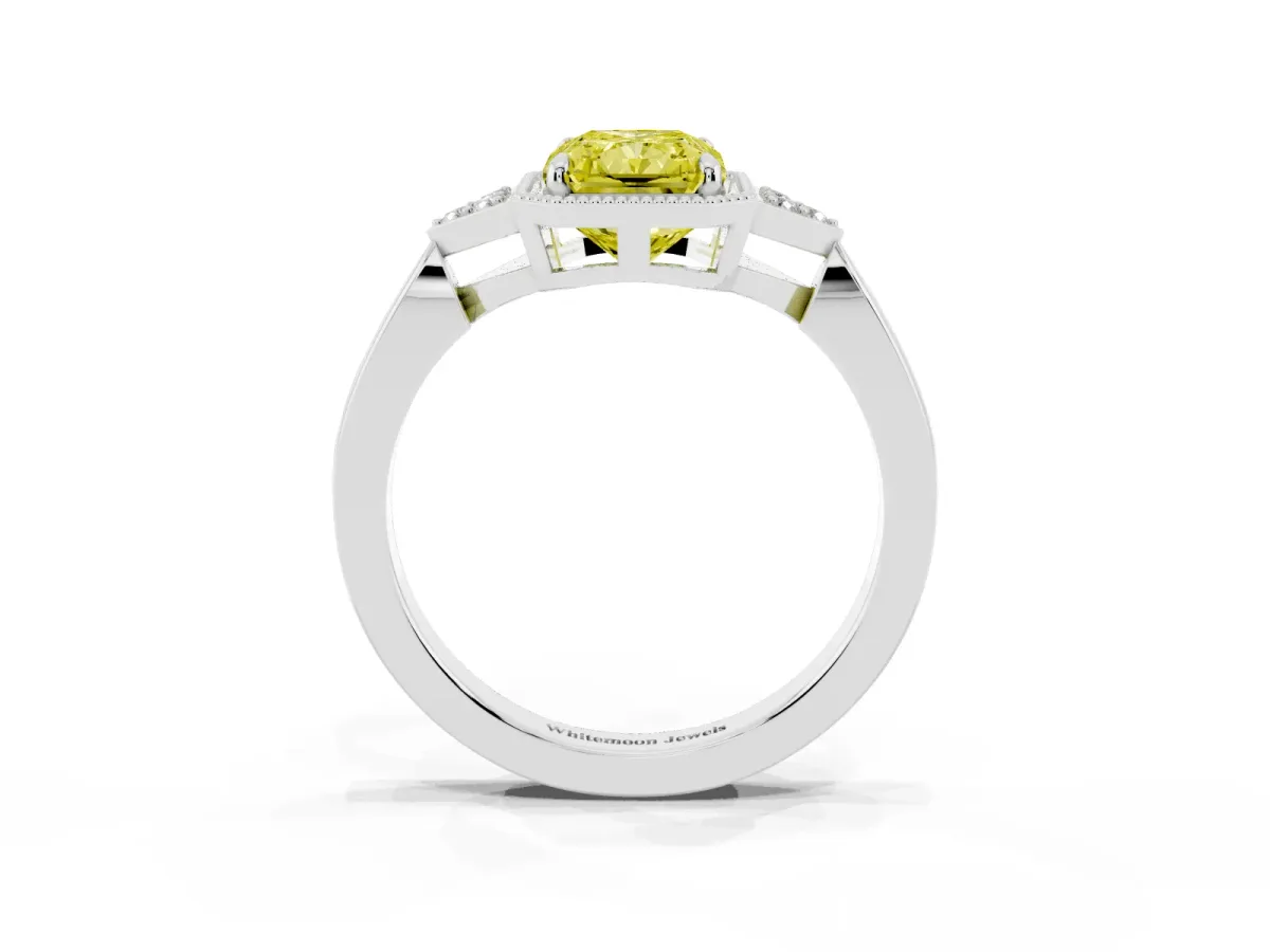 Fancy Yellow Hexagonal Halo Radiant Cut Diamond Solitaire with Pavé Band and Four-Prong Setting White gold