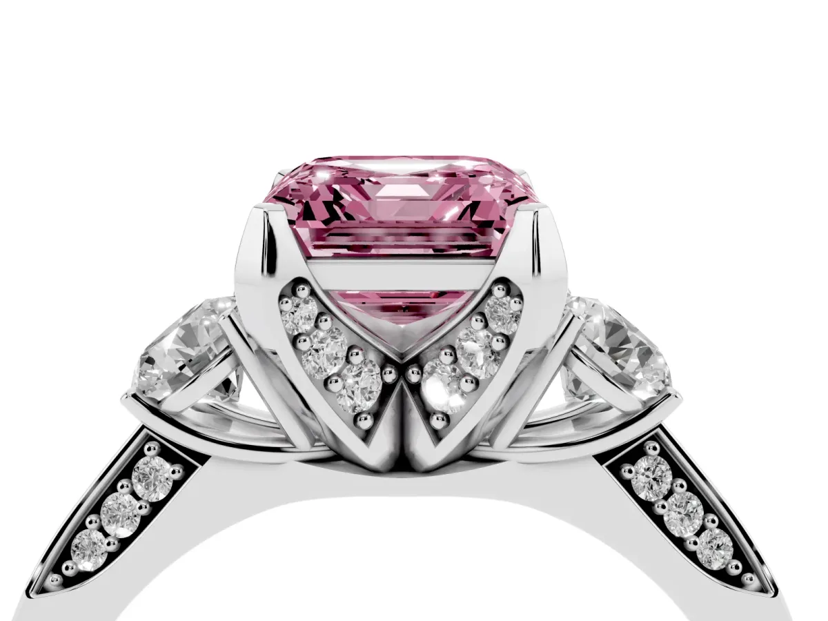 Fancy Pink Asscher Cut Brilliant Three-Stone Diamond Ring with Pavé Band and Four-Prong Setting Platinum