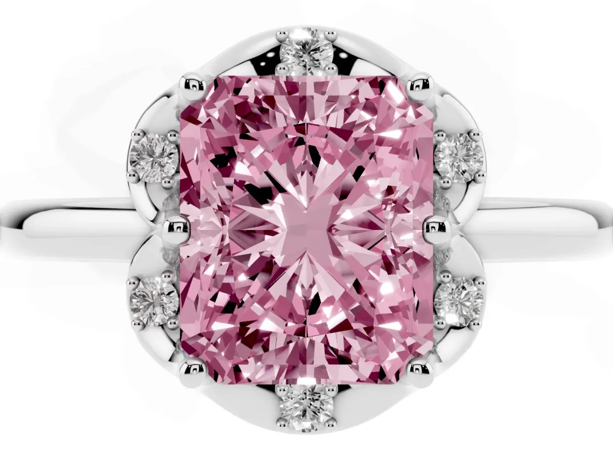 Fancy Pink Radiant Cut Halo Diamond Ring with Round Cluster Setting, Solitaire Band, and Four-Prong Setting White gold
