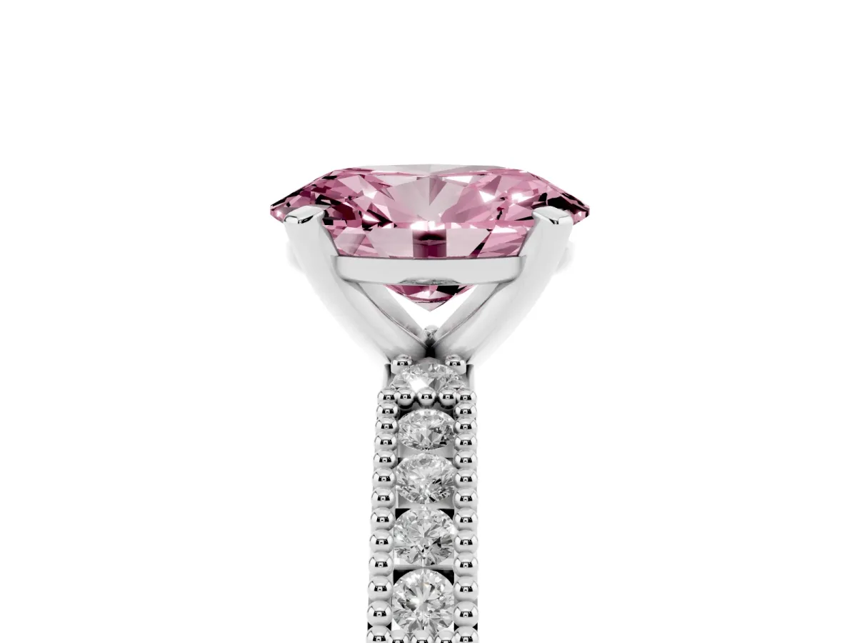 Fancy Pink Oval Cut Solitaire with Pavé Band and Four-Prong Setting Silver
