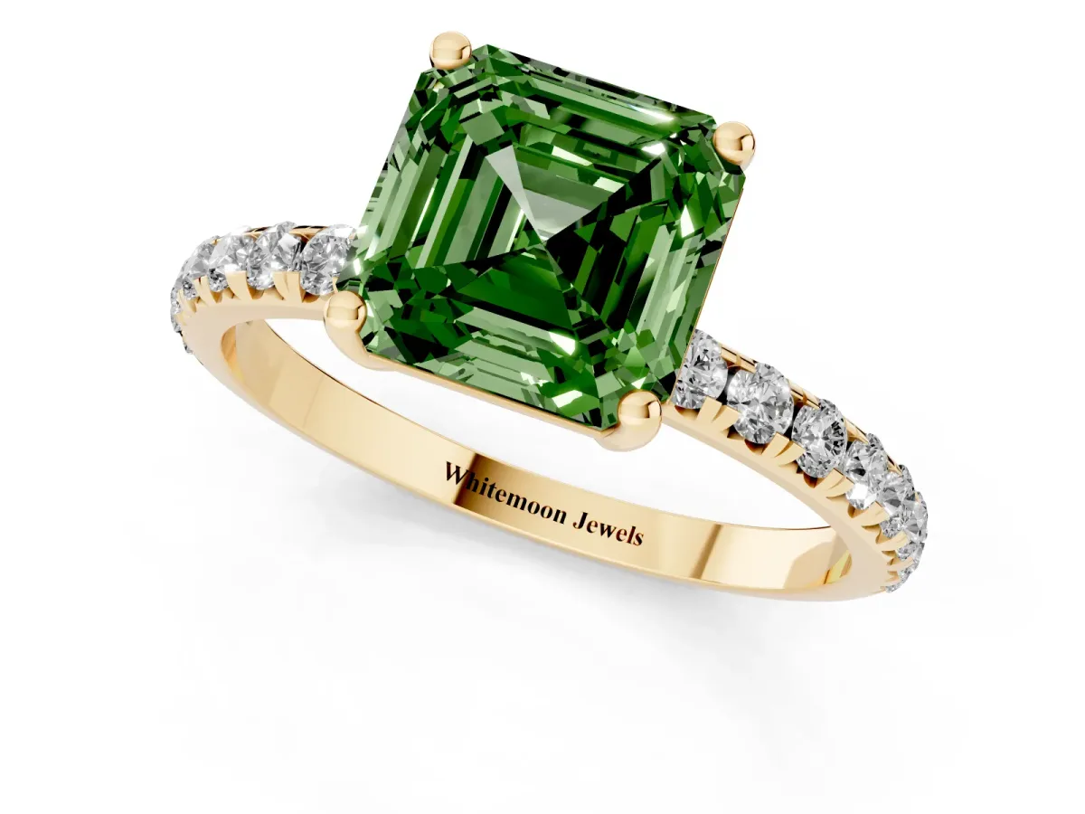 Fancy Green Asscher Cut Cut Diamond Solitaire Ring with Micro Pave Band and Four Prong Setting Yellow gold