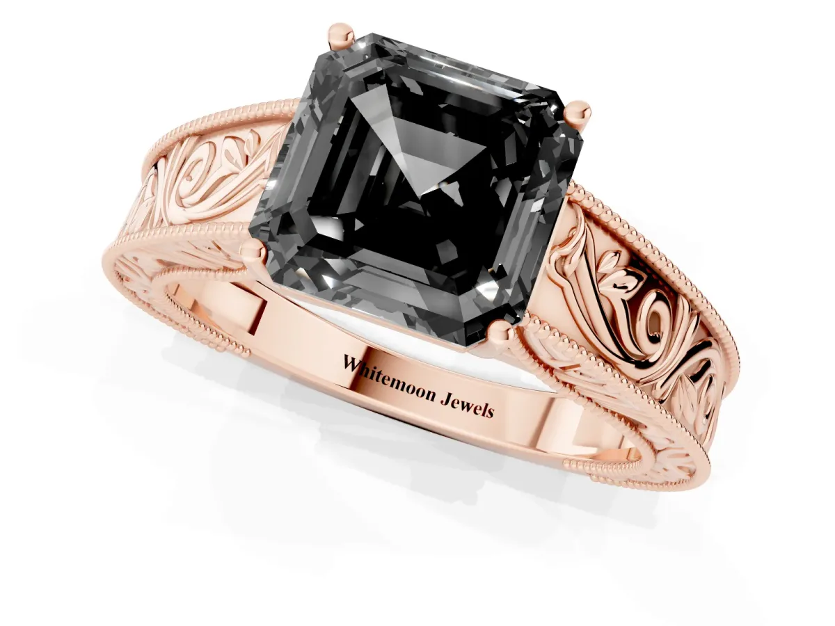 Fancy Black Asscher Cut Diamond Solitaire Ring with Engraved Band and Four-Prong Setting Rose gold