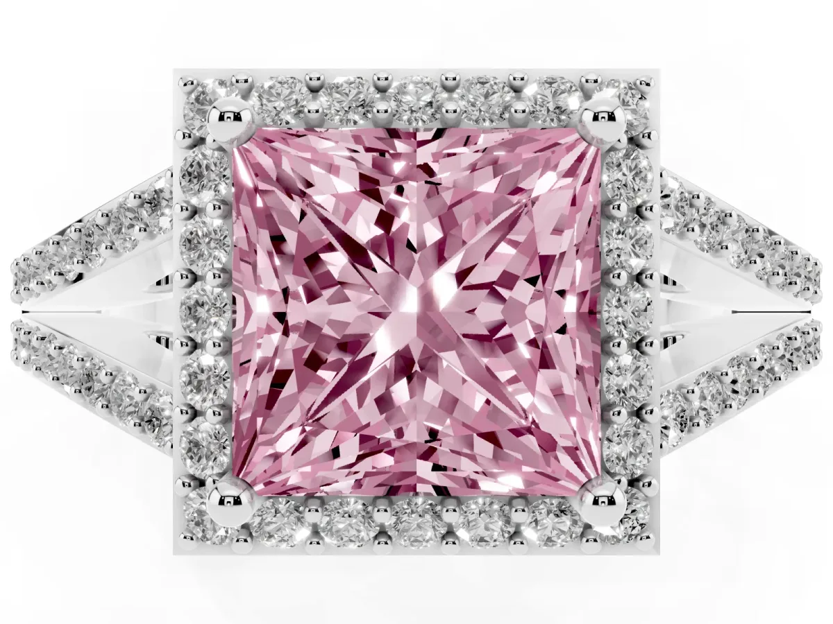 Fancy Pink Princess Cut Halo Split Shank Diamond Ring with Prong Setting Silver