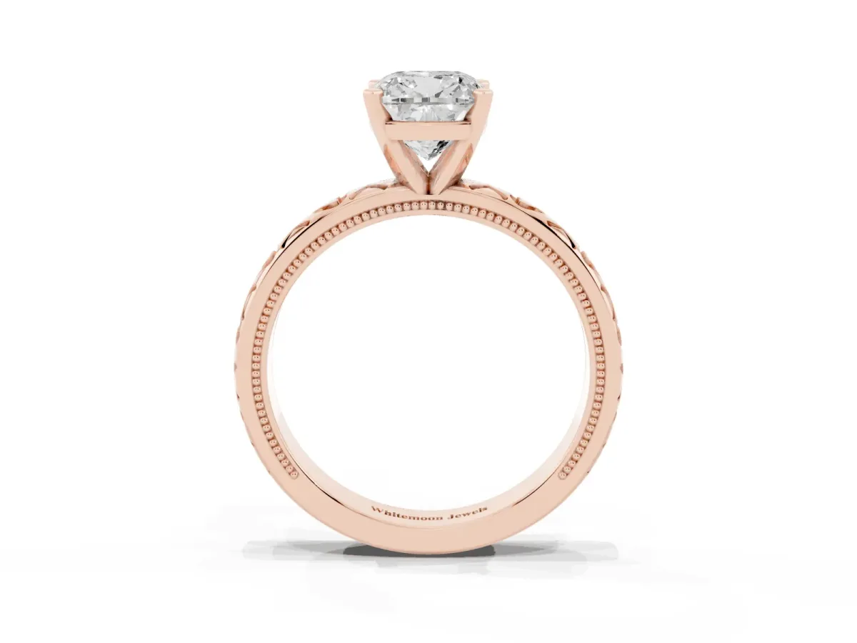 Cushion Cut Solitaire Diamond Engagement Ring with XO Engraved Band and Four-Prong Setting Rose gold