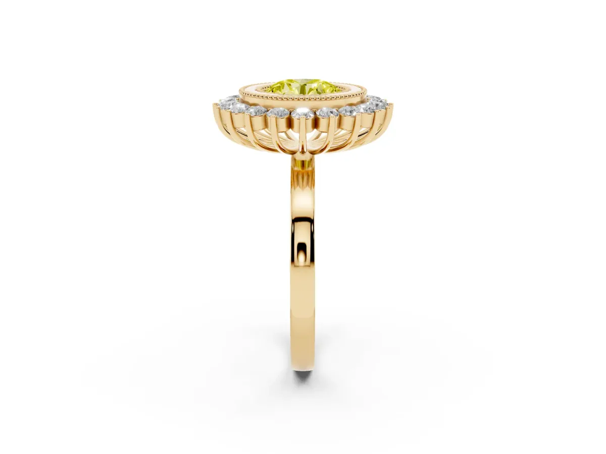 Fancy Yellow Round Cut Halo Diamond Ring with Milgrain Edge and Round Prong Setting Yellow gold