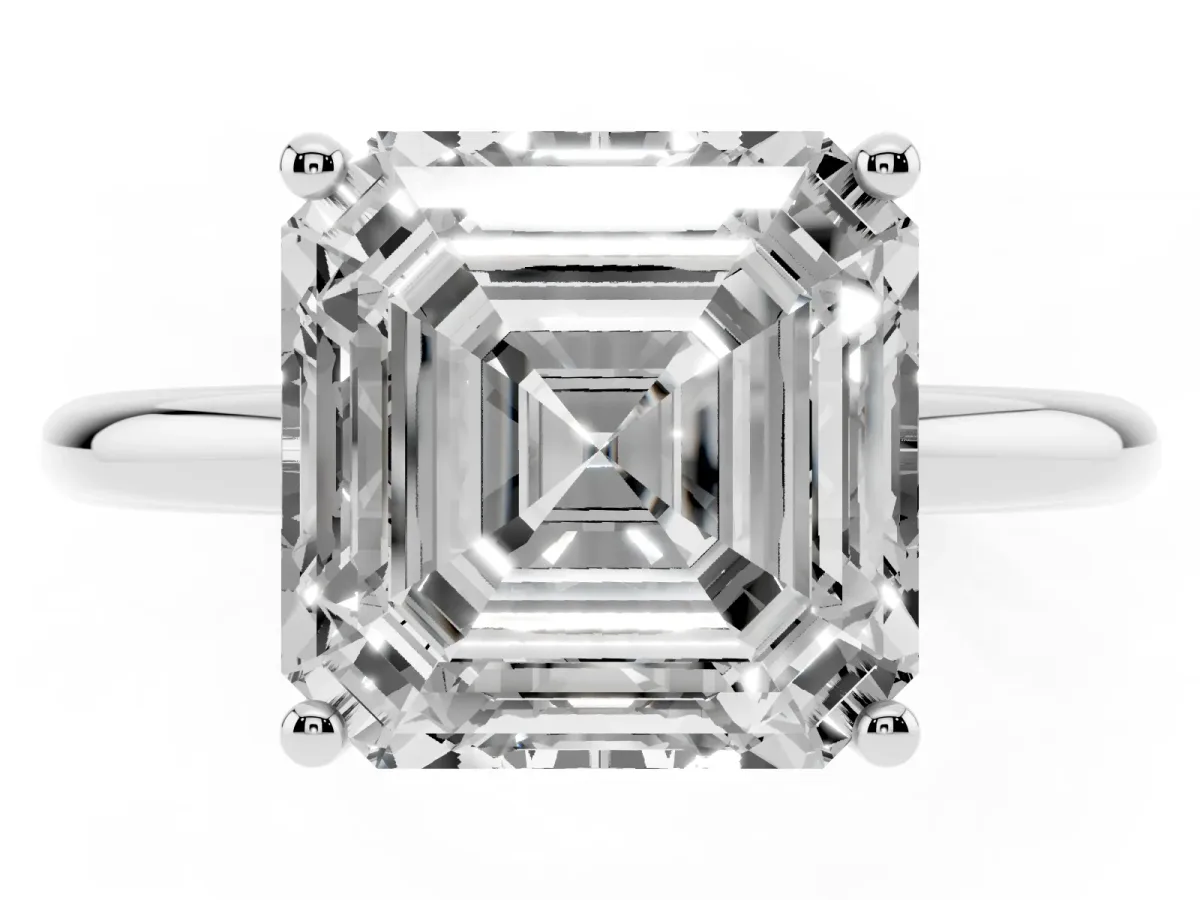 Asscher Cut Cut Solitaire Engagement Ring with Four-Prong Setting and Classic Band Silver