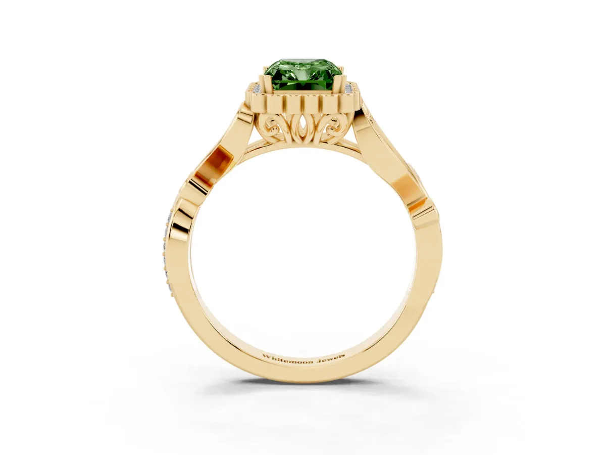 Fancy Green Radiant Cut Diamond Halo Ring with Vintage Split Shank and Four-Prong Setting Yellow gold