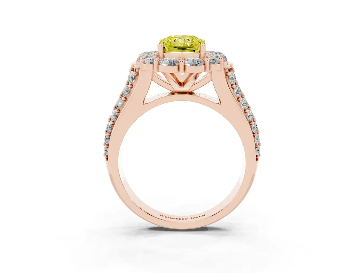 Fancy Yellow Radiant Cut Halo Diamond Engagement Ring with Split Shank and Prong Setting Rose gold