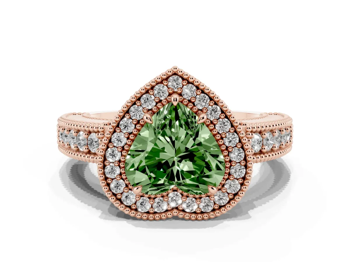 Fancy Green Heart Cut Cut Halo Diamond Ring with Pavé Band and Four-Prong Setting Rose gold