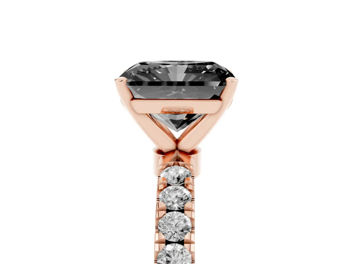 Fancy Black Radiant Cut Diamond Solitaire Ring with Pavé Accents and Four-Prong Setting Rose gold