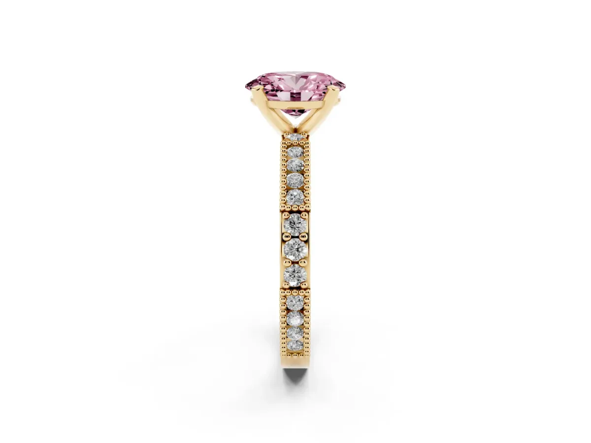 Fancy Pink Oval Cut Solitaire with Pavé Band and Four-Prong Setting Yellow gold