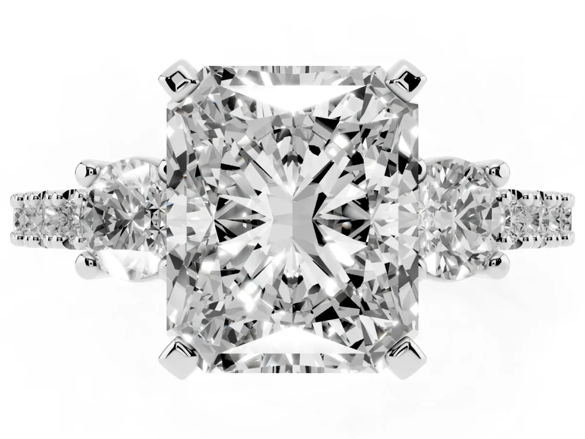 Radiant Cut Three-Stone Diamond Pavé Band with Prong Setting Platinum