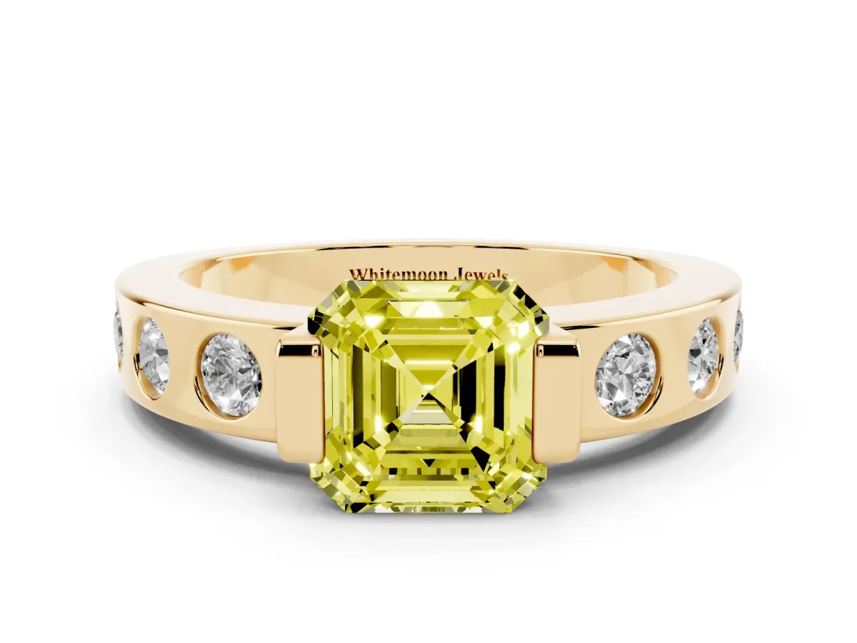 Fancy Yellow Asscher Cut Brilliant Channel-Set Diamond Ring with Bezel Prong Setting Yellow gold