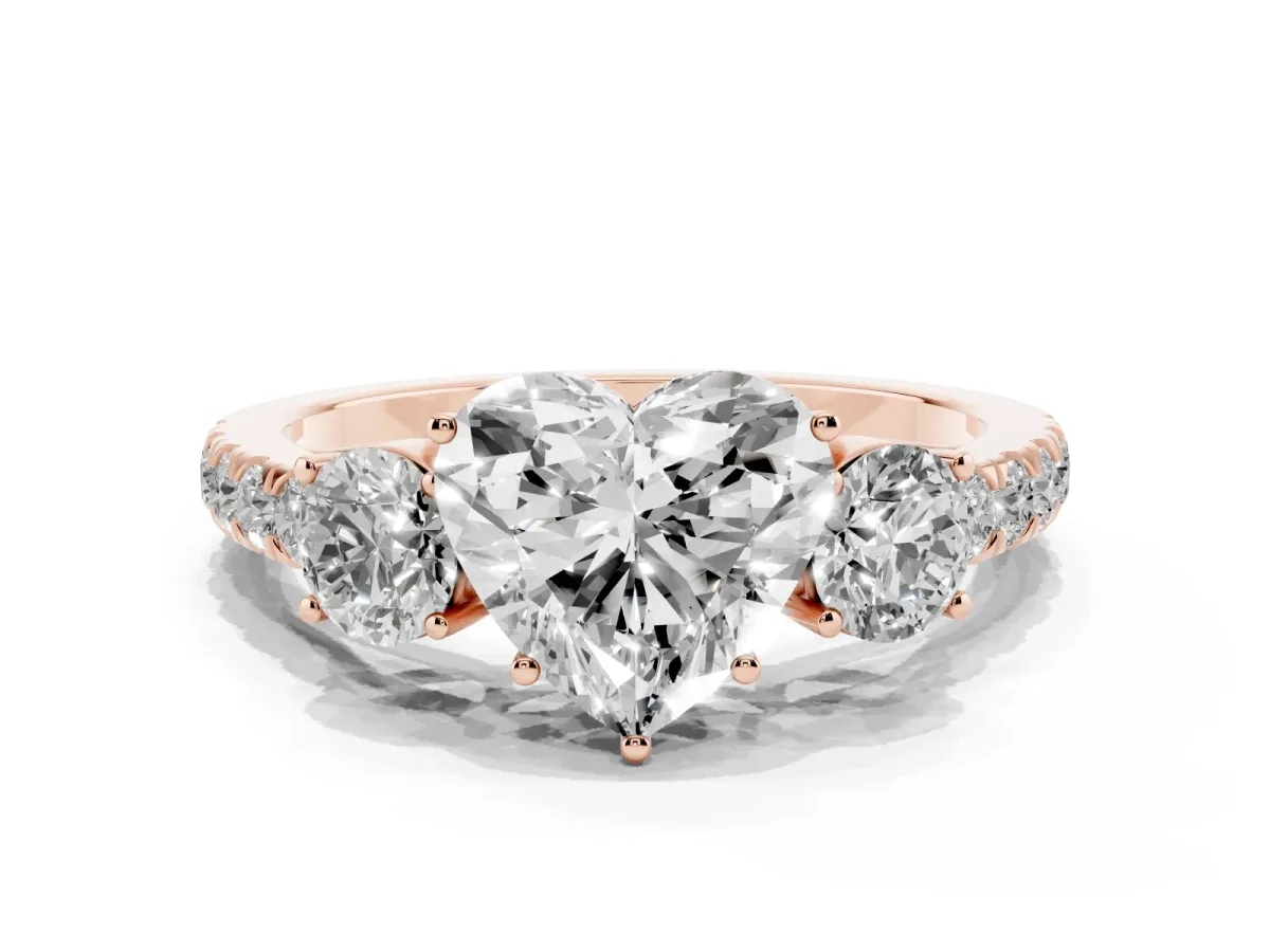 Heart Cut Cut Diamond Three-Stone Ring with Round Side Stones and Pavé Band Rose gold