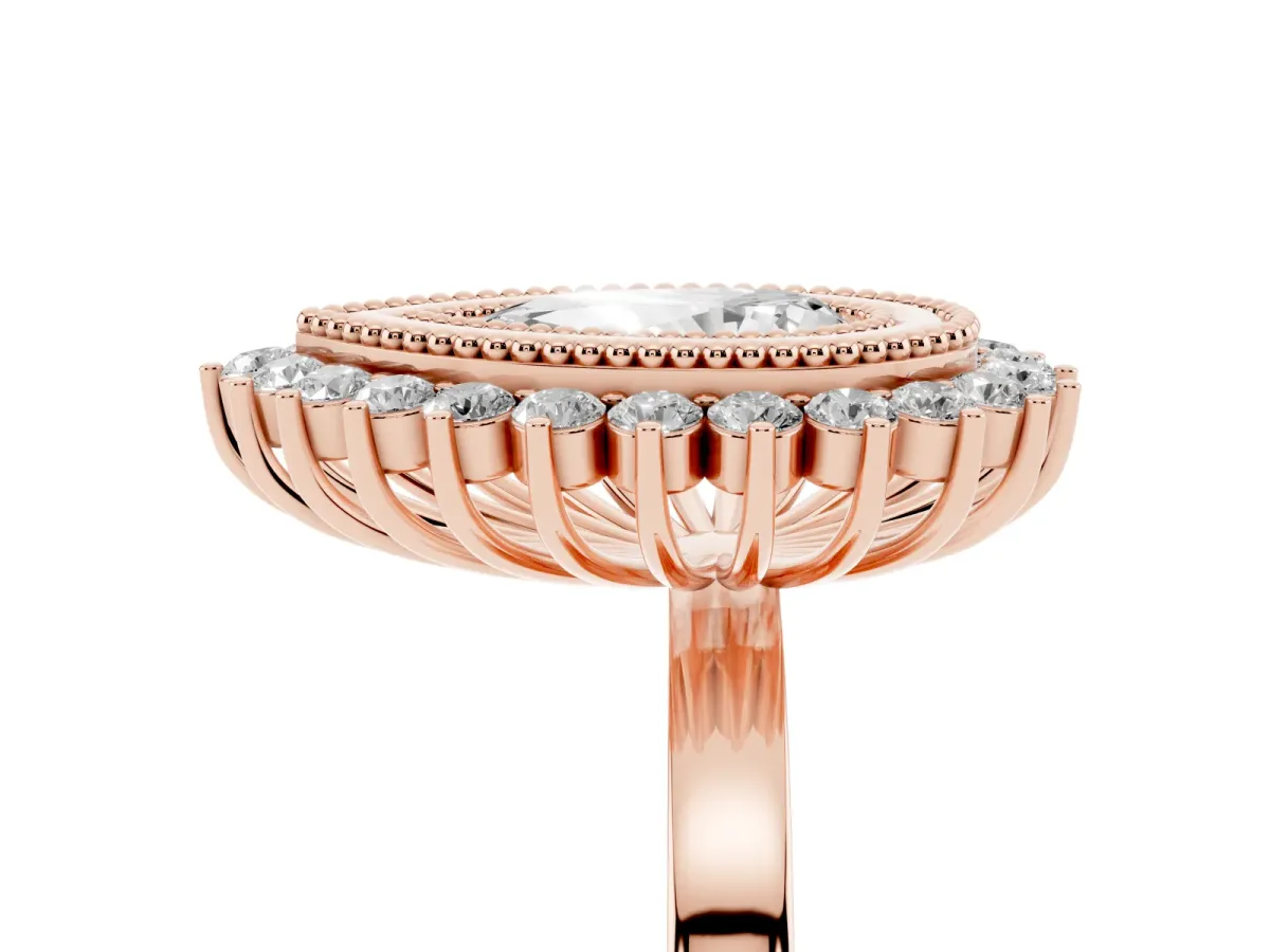 Pear Cut Halo Diamond Ring with Milgrain Edge and Round Prong Setting Rose gold