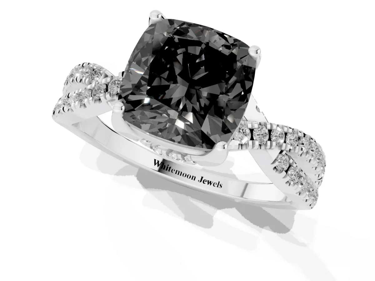 Fancy Black Cushion Cut Solitaire Twist Pave Diamond Engagement Ring with Prong Setting Silver