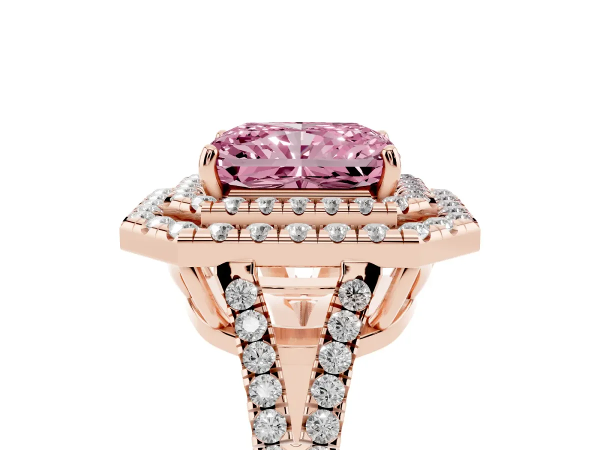 Fancy Pink Radiant Cut Diamond Double Halo Ring with Pavé Band and Prong Setting Rose gold
