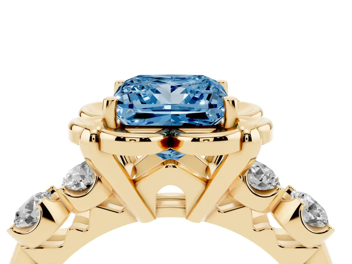 Fancy Blue Princess Cut Cut Diamond Floral Halo Engagement Ring with Shared Prong Setting Yellow gold