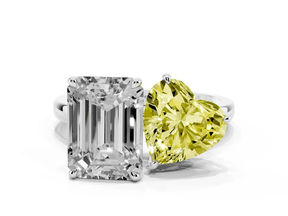 Fancy Yellow Heart Cut and Emerald Cut Toi Moi Ring with Prong Setting Silver