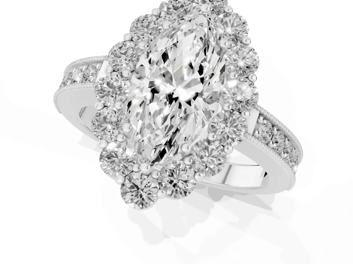 Marquise Cut Cut Halo Diamond Pavé Engagement Ring with Milgrain Detailing White gold