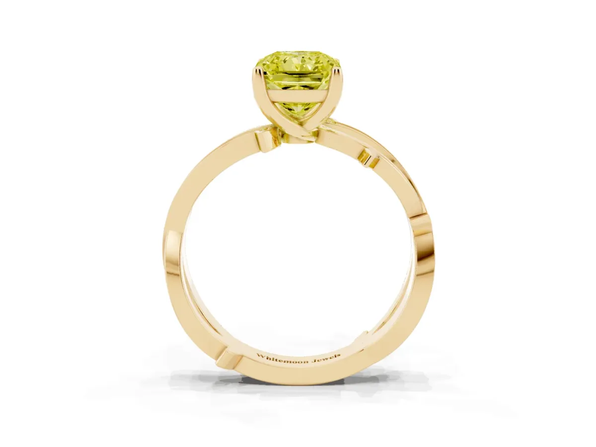 Fancy Yellow Radiant Cut Solitaire Twist Band with Pavé Accents and Four-Prong Setting Yellow gold