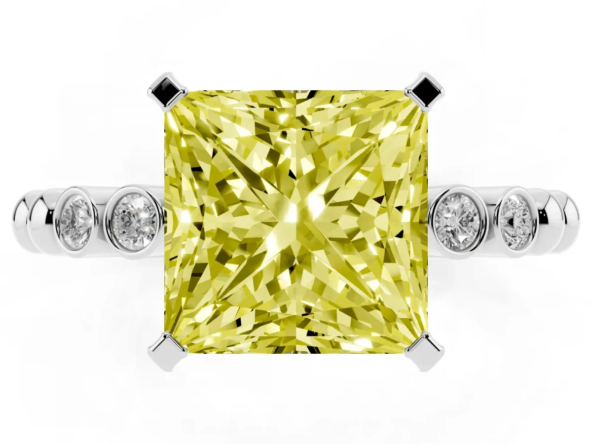 Fancy Yellow Princess Cut Solitaire Bezel Accent Diamond Engagement Ring with Beaded Band and Four-Prong Setting Silver