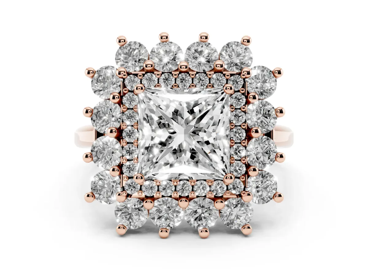 Princess Cut Diamond Floral Double Halo Engagement Ring with Prong Setting Rose gold