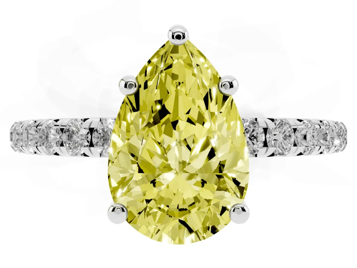 Fancy Yellow Pear Cut Cut Diamond Solitaire Ring with Micro Pave Band and Four Prong Setting Silver