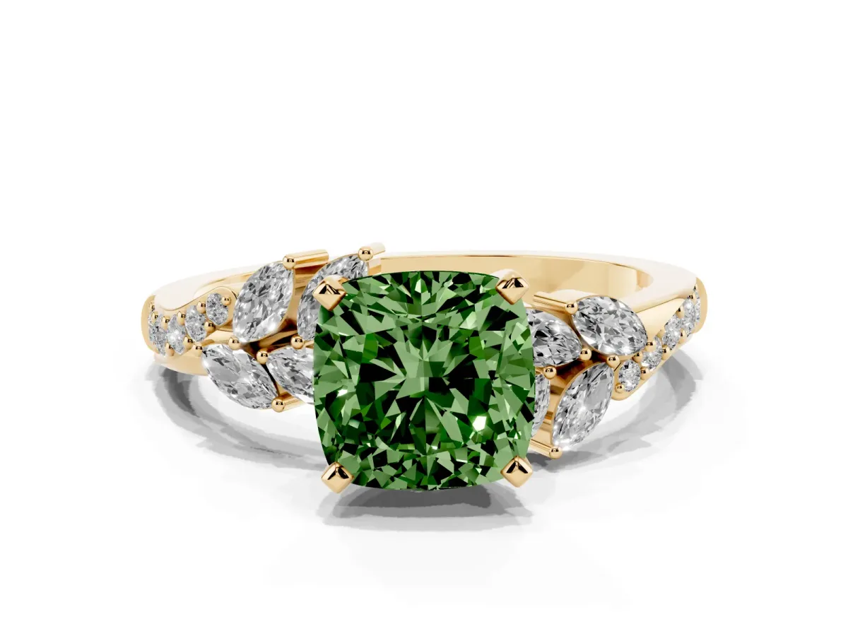 Fancy Green Cushion Cut Solitaire Marquise Twist Band with Six-Prong Setting Yellow gold