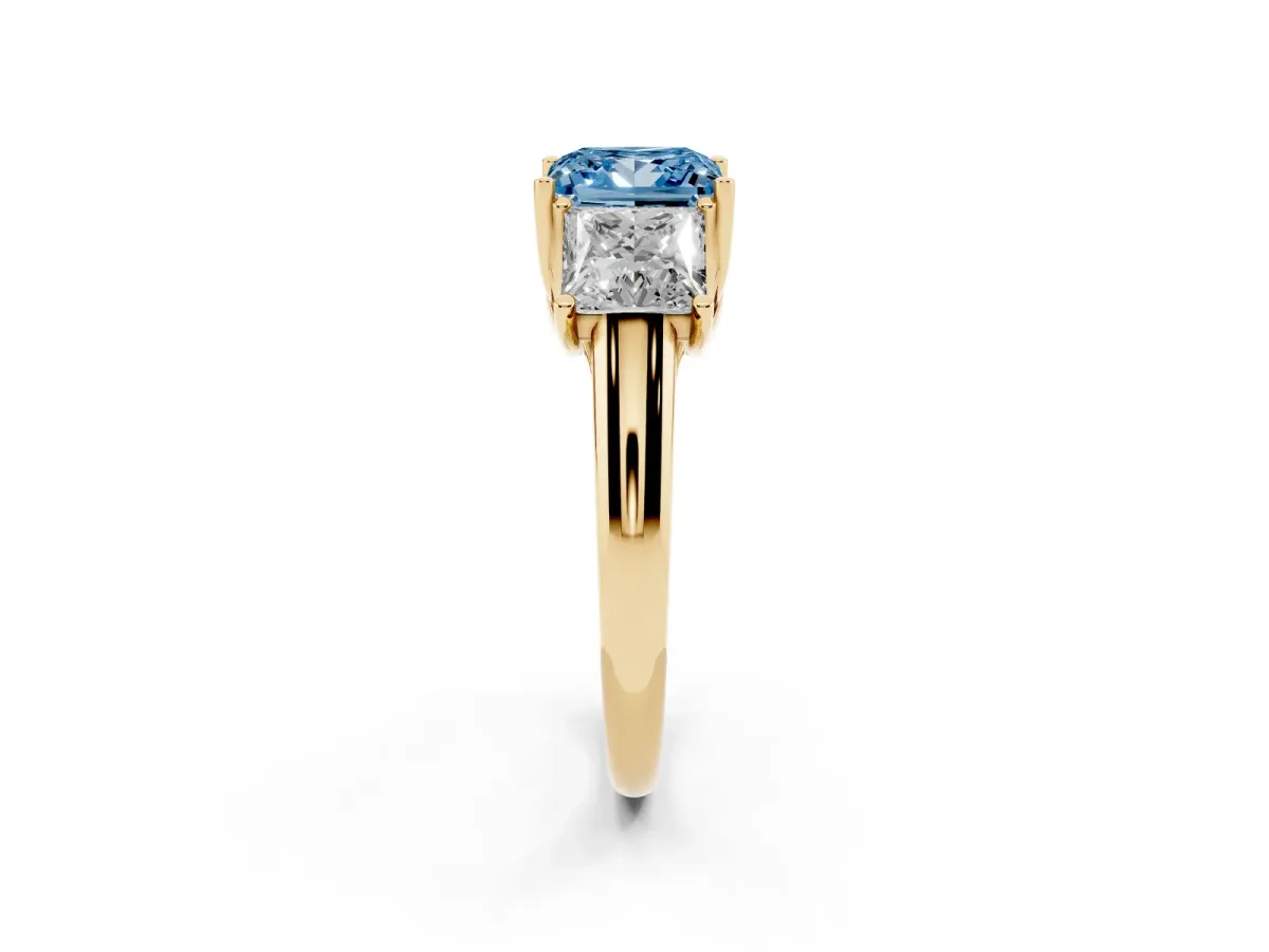 Fancy Blue Three-Stone Princess Cut Diamond Engagement Ring with Prong Setting Yellow gold