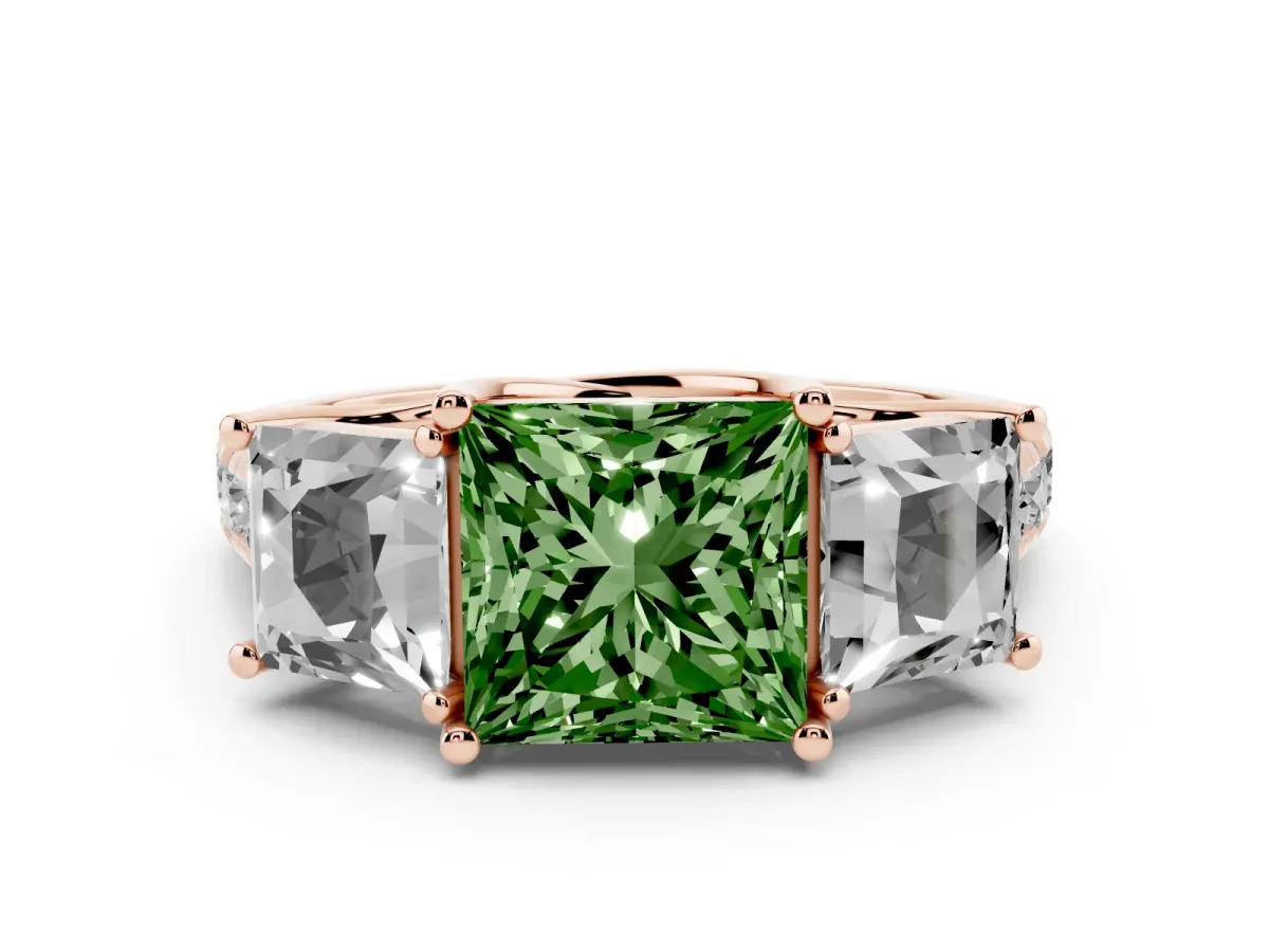 Fancy Green Three-Stone Princess Cut Diamond Pavé Band with Prong Setting Rose gold