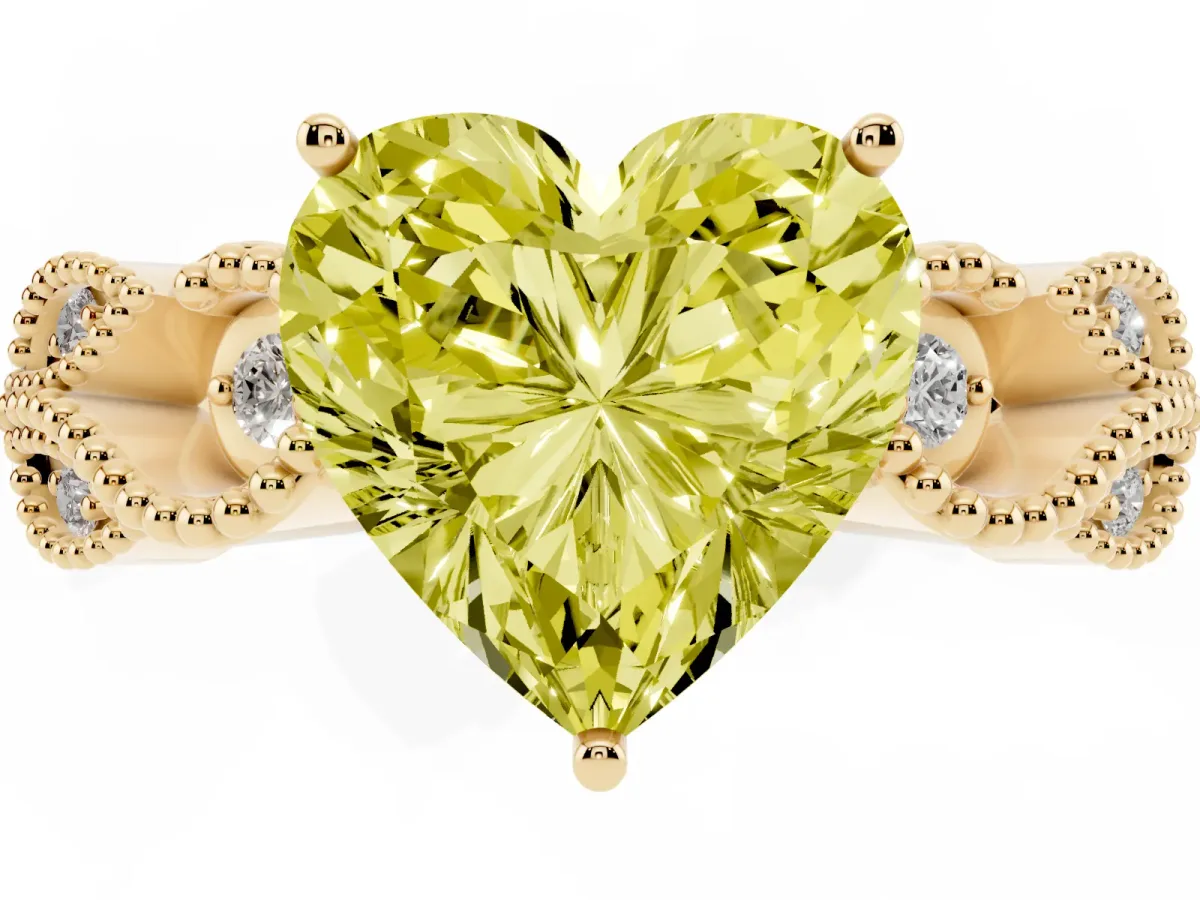 Fancy Yellow Heart Cut Solitaire Milgrain Leaf Band with Prong Setting Yellow gold