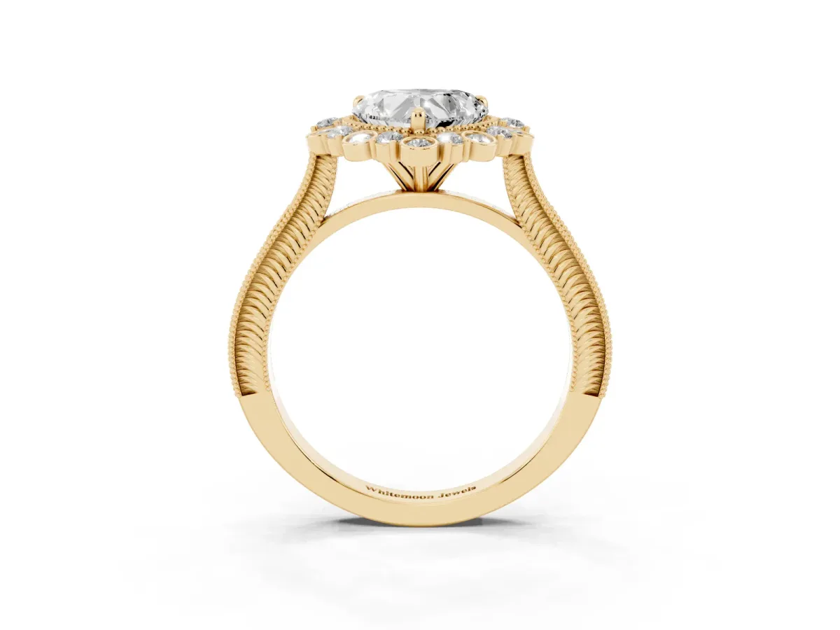 Heart Cut Halo Milgrain Pave Diamond Ring with Four-Prong Setting Yellow gold