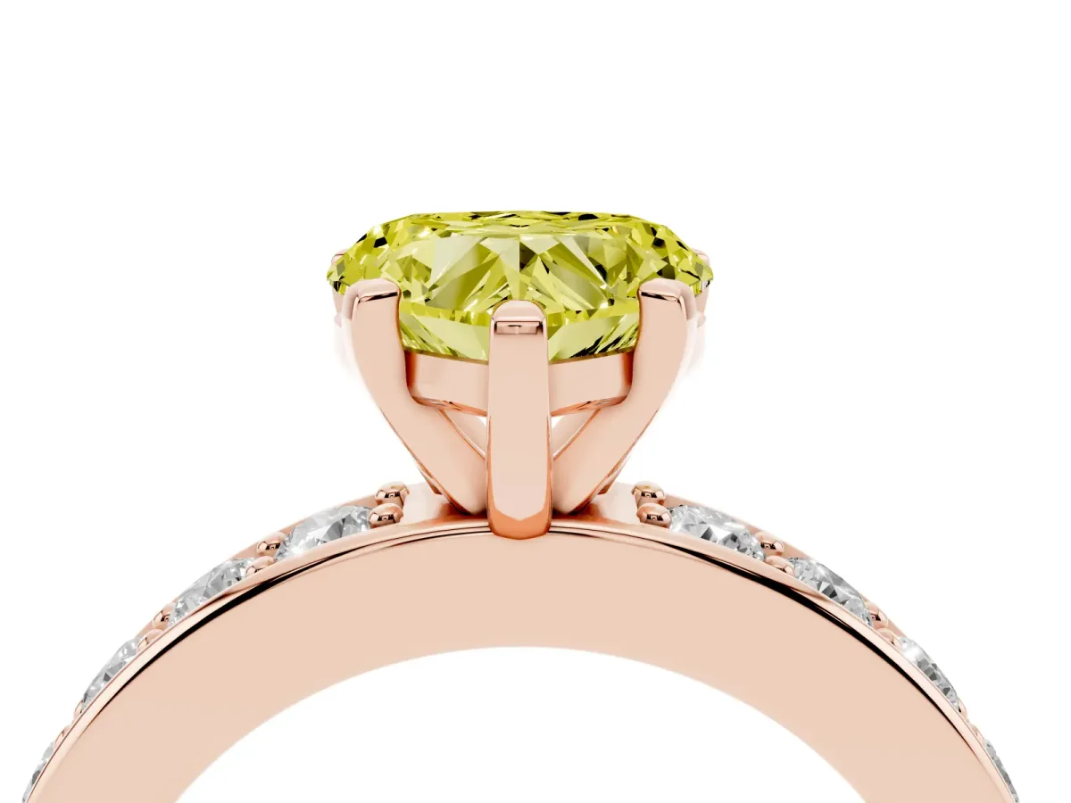 Fancy Yellow Heart Cut Diamond Engagement Ring with Channel Set Round Band and Prong Setting Rose gold