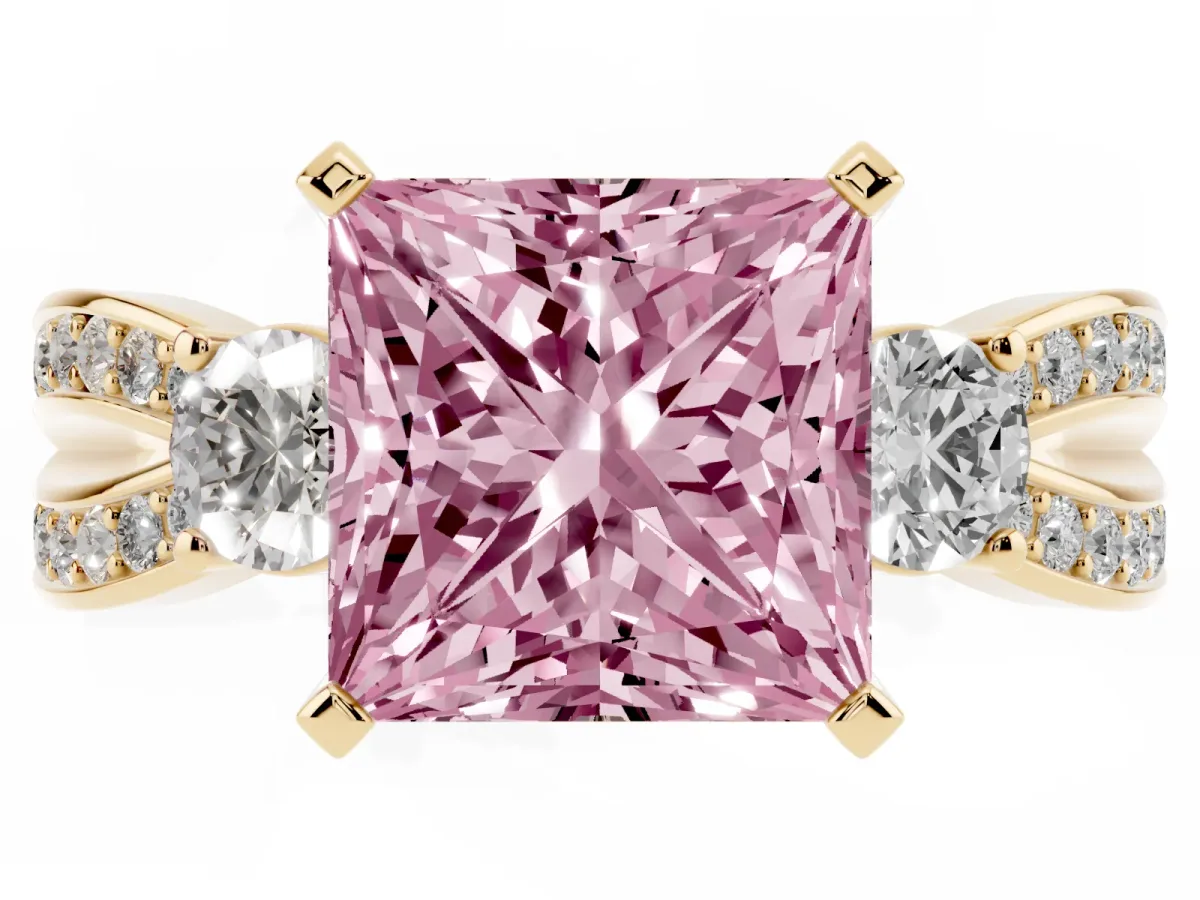 Fancy Pink Three-Stone Princess Cut Cut Diamond Twist Band with Prong Setting Yellow gold