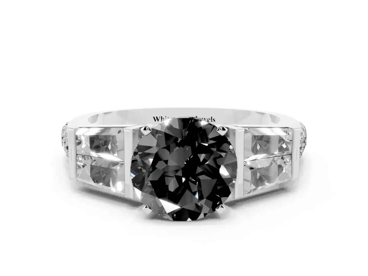 Fancy Black Round Cut Diamond Engagement Ring with Baguette Side Stones and Channel Set Band Platinum