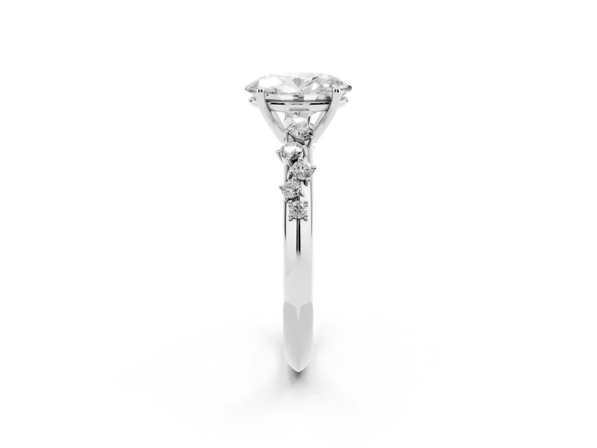 Oval Cut Diamond Cluster Side Stone Solitaire Ring with Prong Setting Silver