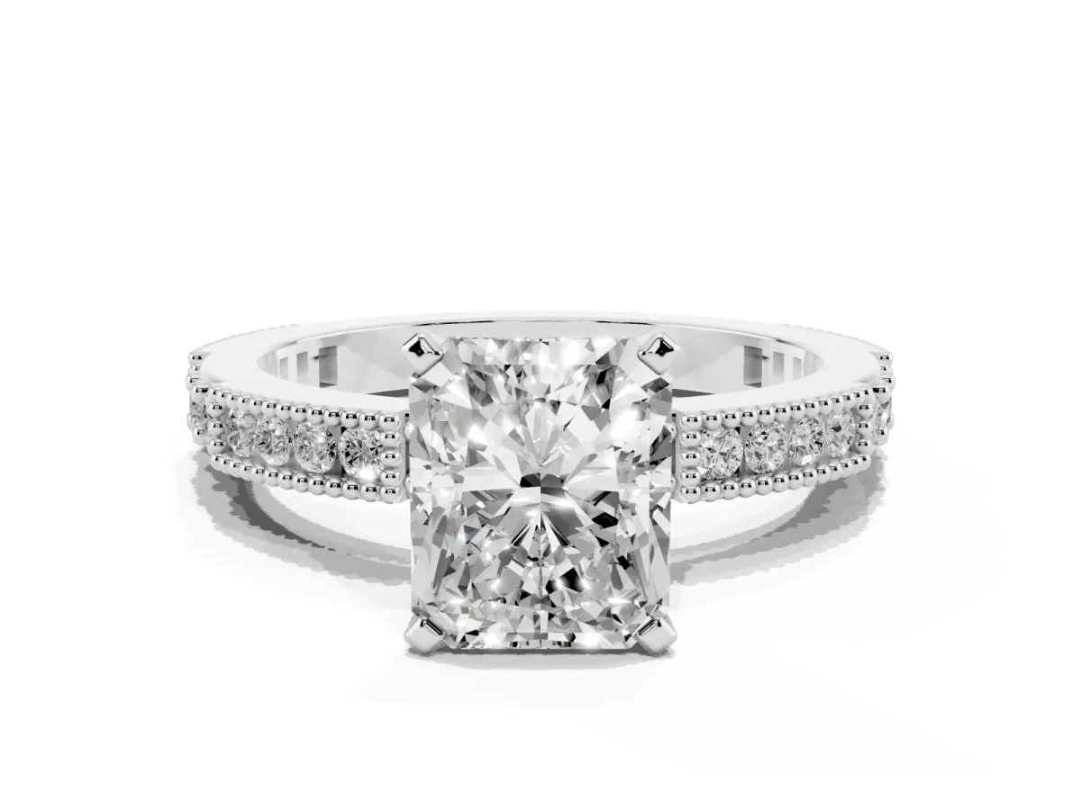 Radiant Cut Solitaire with Pavé Band and Four-Prong Setting Platinum