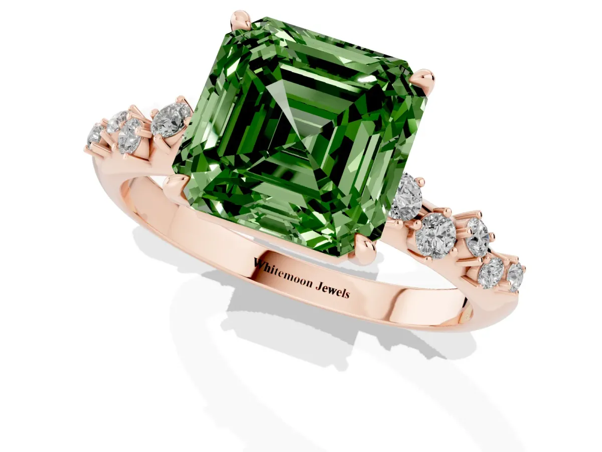 Fancy Green Asscher Cut Diamond Cluster Side Stone Solitaire Ring with Prong Setting Rose gold