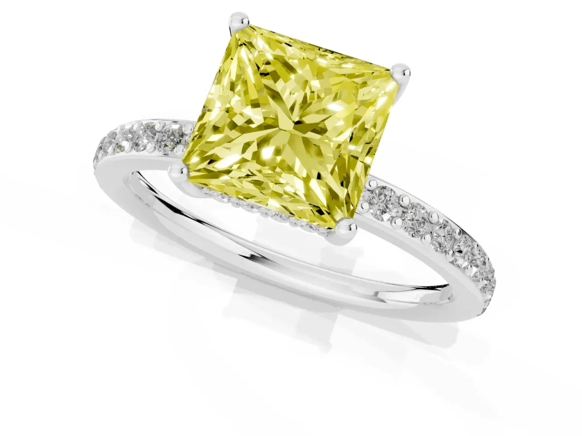 Fancy Yellow Princess Cut Cut Diamond Pavé Band Ring with Four-Prong Setting Silver