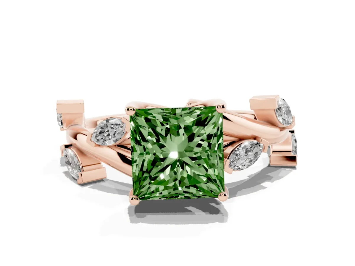 Fancy Green Princess Cut Solitaire Twisted Band Marquise Accent Prong Setting Ring Rose gold