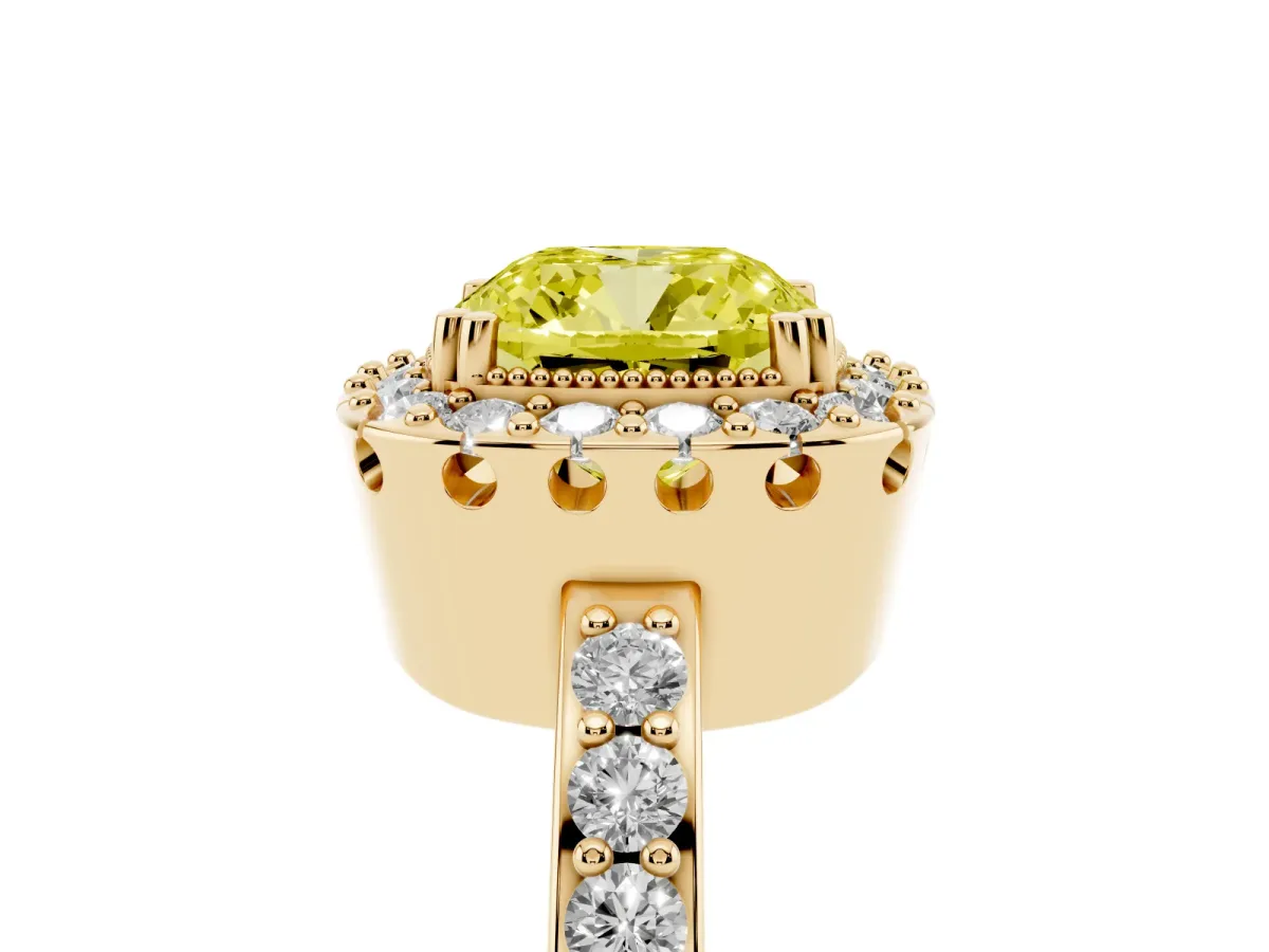 Fancy Yellow Cushion Cut Diamond Halo Ring with Pavé Band and Prong Setting Yellow gold