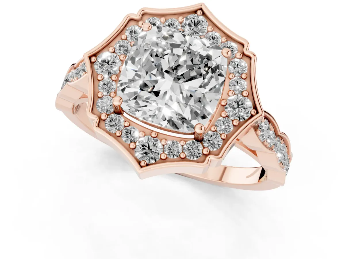 Cushion Cut Halo Diamond Engagement Ring with Milgrain Band and Four-Prong Setting Rose gold