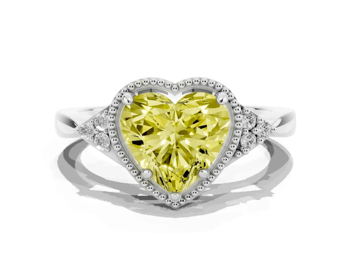 Fancy Yellow Heart Cut Diamond Halo Ring with Tapered Band and Four-Prong Setting Silver