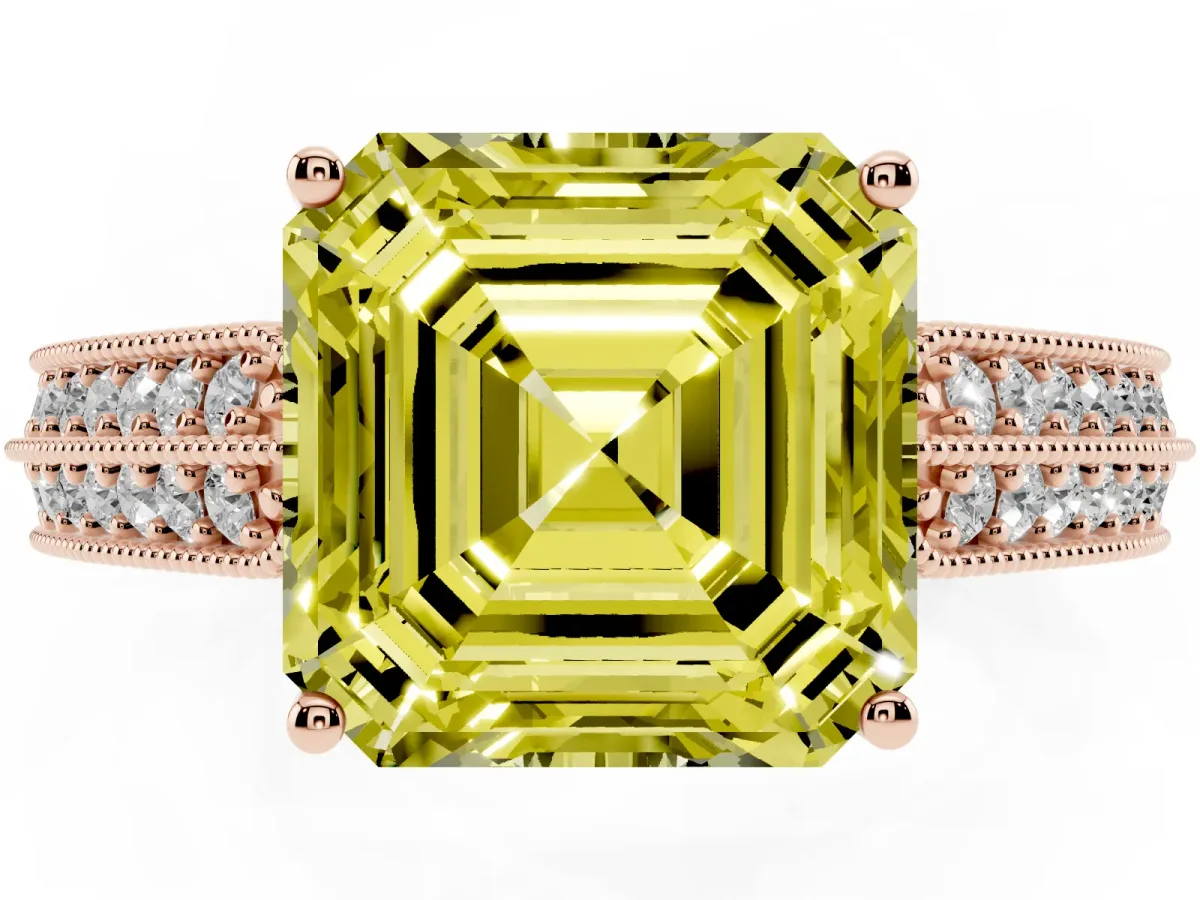 Fancy Yellow Asscher Cut Cut Pave Split Shank Engagement Ring with Four-Prong Setting Rose gold