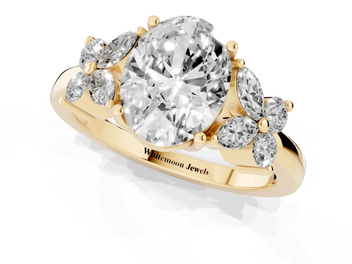 Oval Cut Diamond Floral Cluster Ring with Solitaire Band and Prong Setting Yellow gold